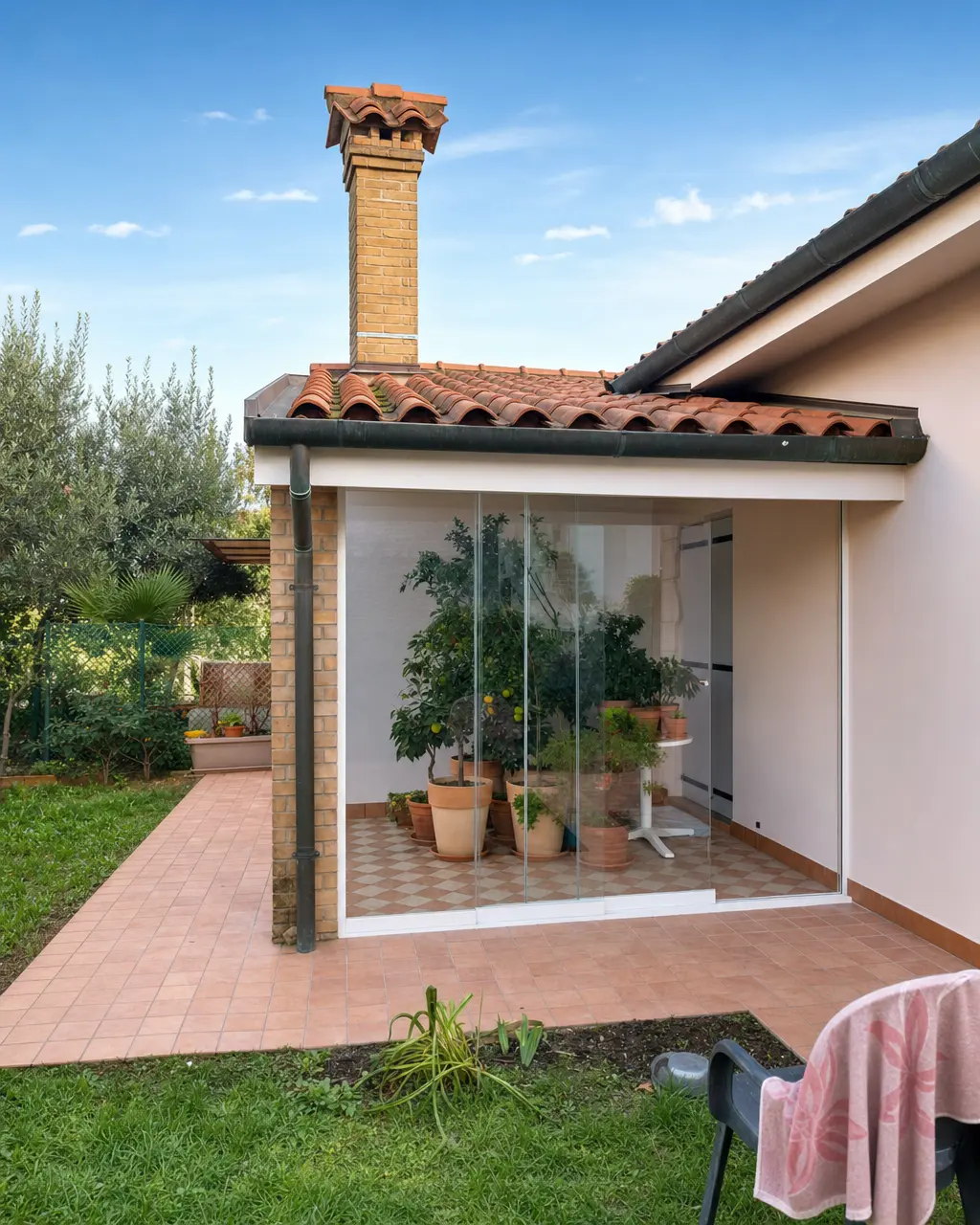 Veranda vetrata sotto la falda in coppi