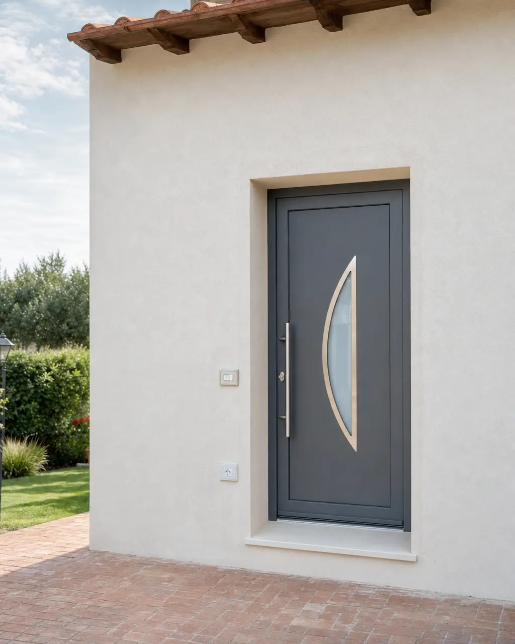Portoncino d'ingresso antracite con maniglione in acciaio su una casa in campagna