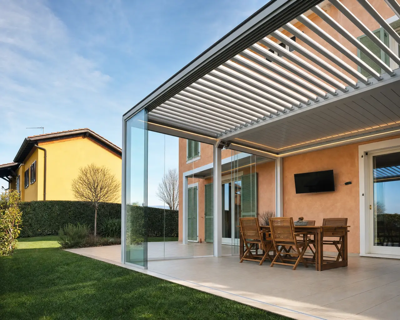 Pergola bioclimatica con lamelle orientabili addossata a una casa, con tavolo in legno