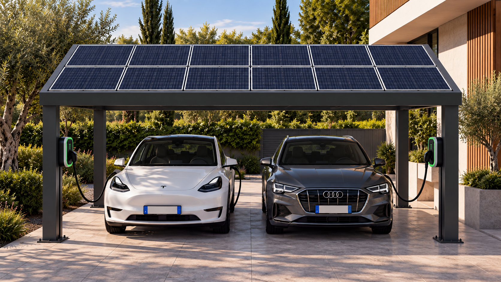 Rendering di una pergola fotovoltaica con due auto elettriche in carica sotto la struttura