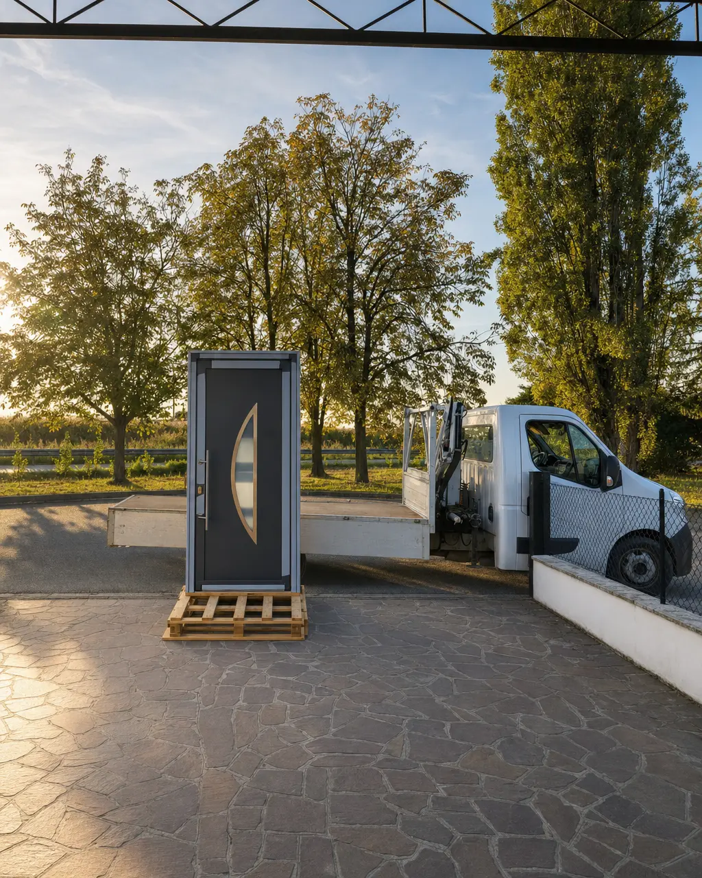 Portoncino d'ingresso antracite su bancale, pronto per la posa, accanto al furgone