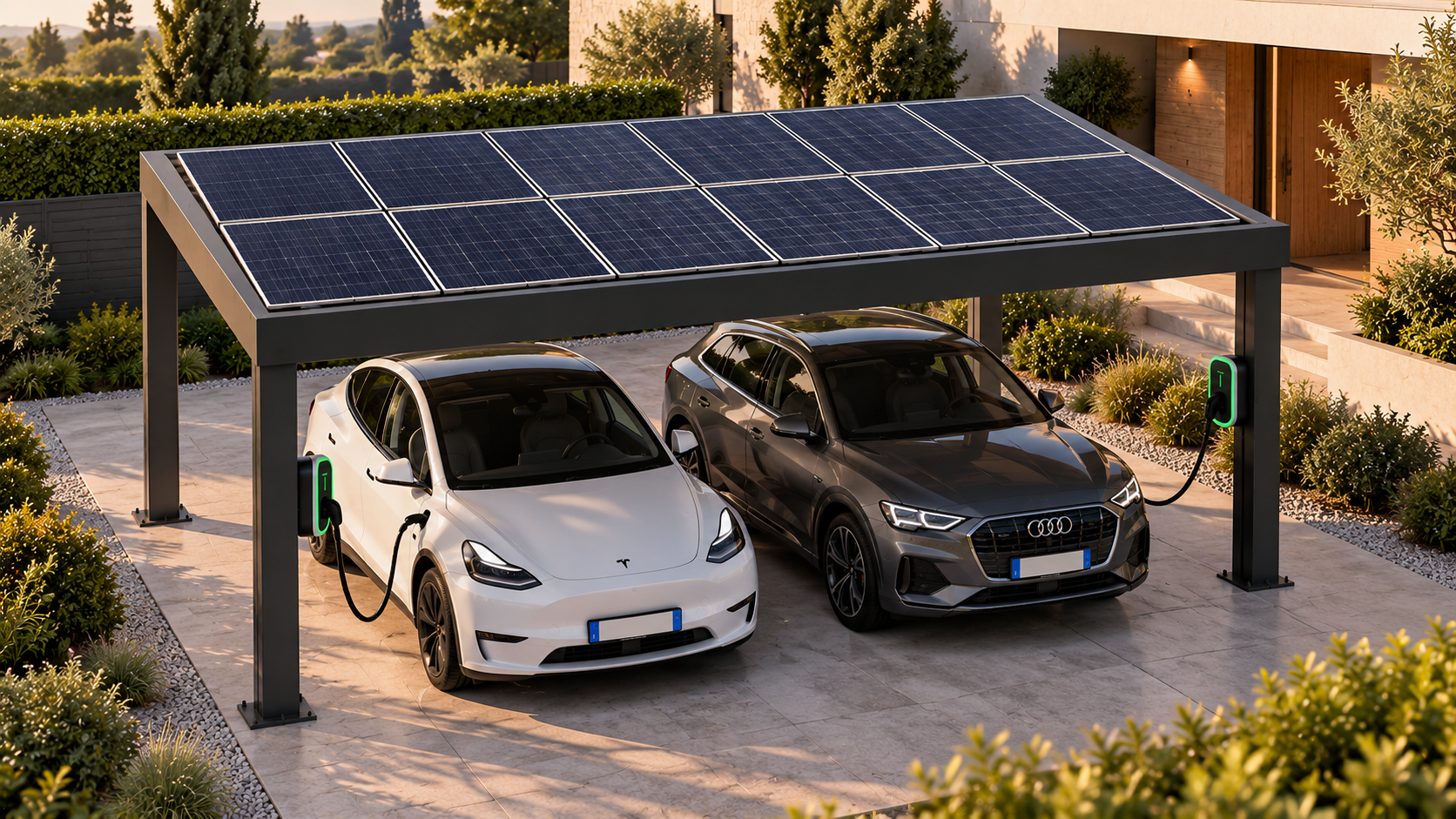 Rendering di una pergola fotovoltaica con due auto elettriche in carica sotto la struttura